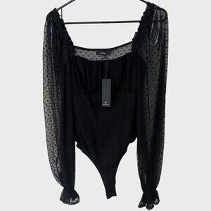 Lulus Polka Dot Mesh Bodysuit Black Women's Small Puff Sleeves Square-Neck New